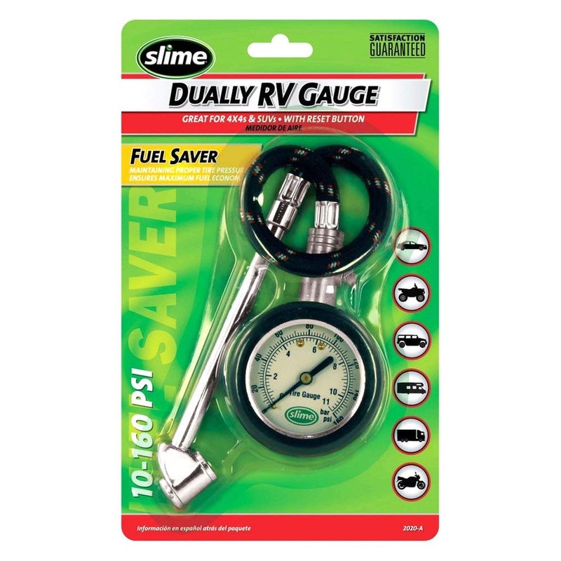 Slime 2020-A Tire Gauge, Dual Head, Dial Gauge with Hose, Tire Sensor Safe, 10-160 psi